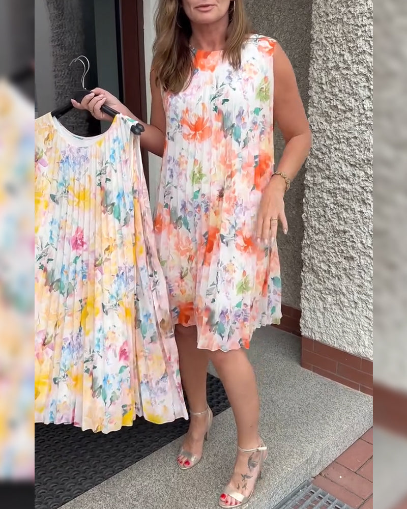 Robe Fleurie Plissée Sans Manches