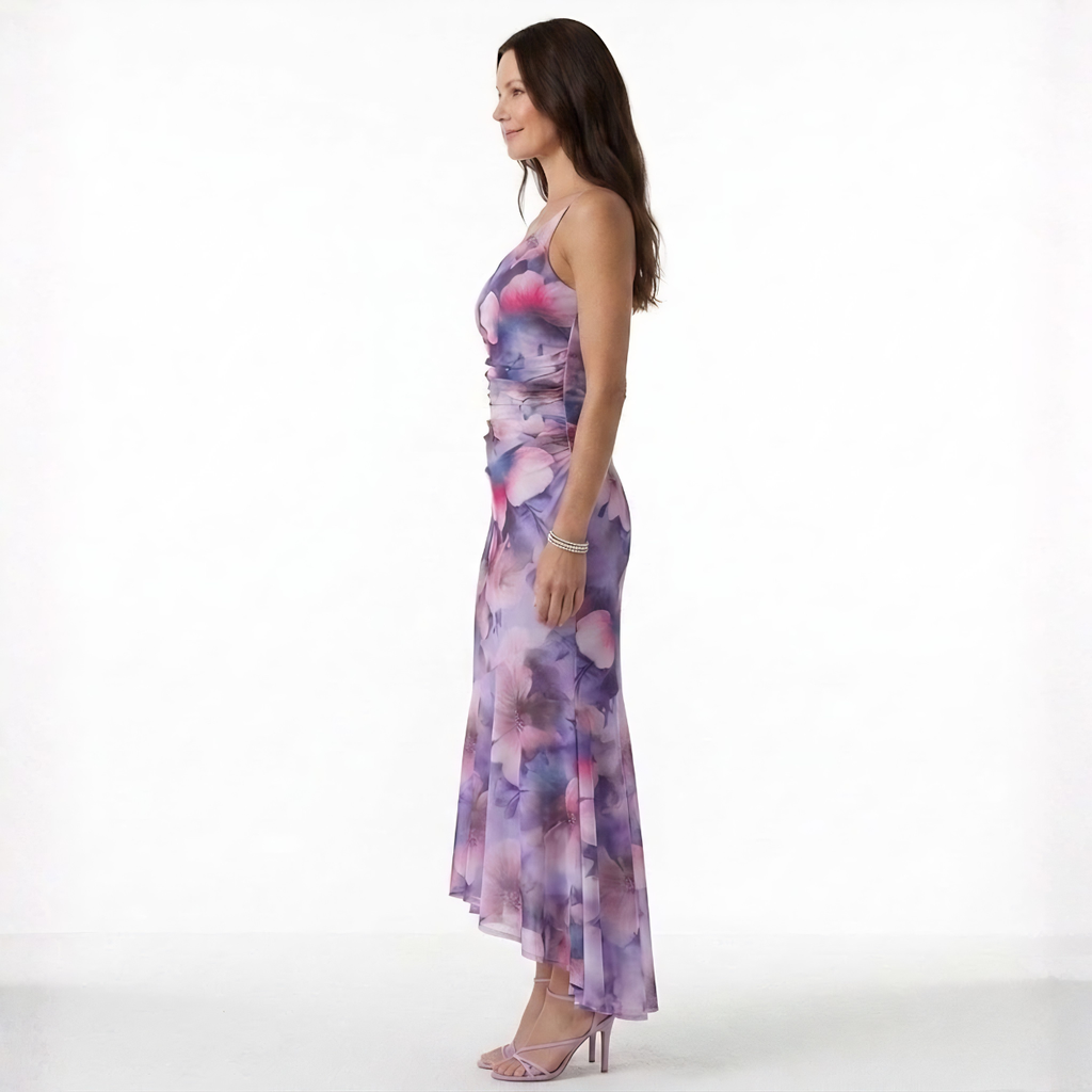Robe Maxi Asymétrique à Imprimé Floral avec Fronces et Ourlet Queue de Poisson