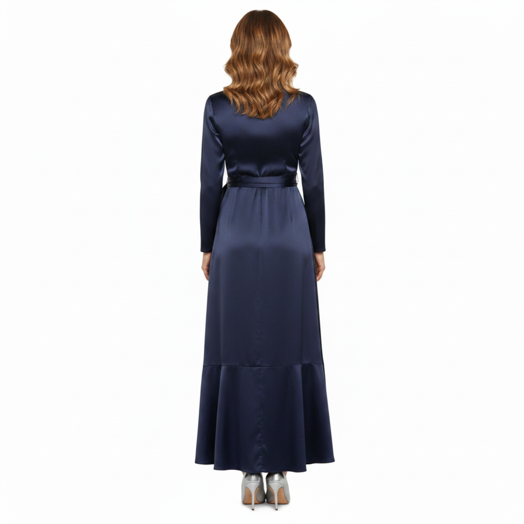 Robe de Cocktail Longue en Satin Design Cache-Cœur avec Jupe Cascade