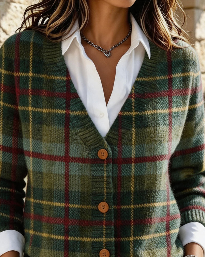 Cardigan Vintage à Carreaux avec Boutons et Col V
