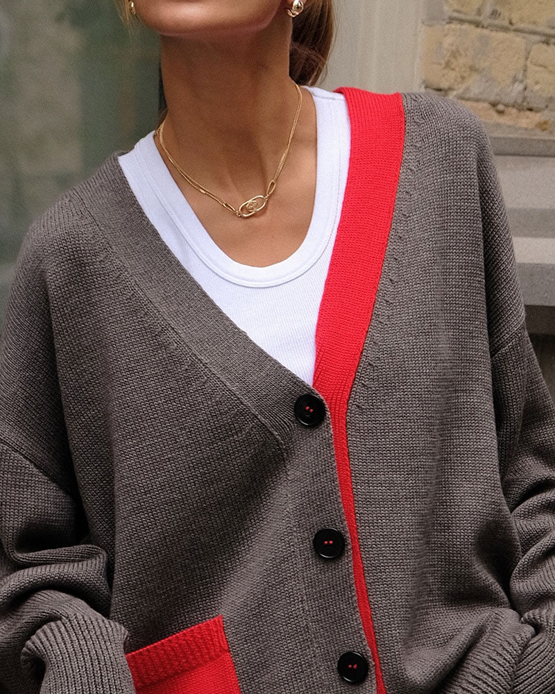 Cardigan à Boutons Contrasté en V