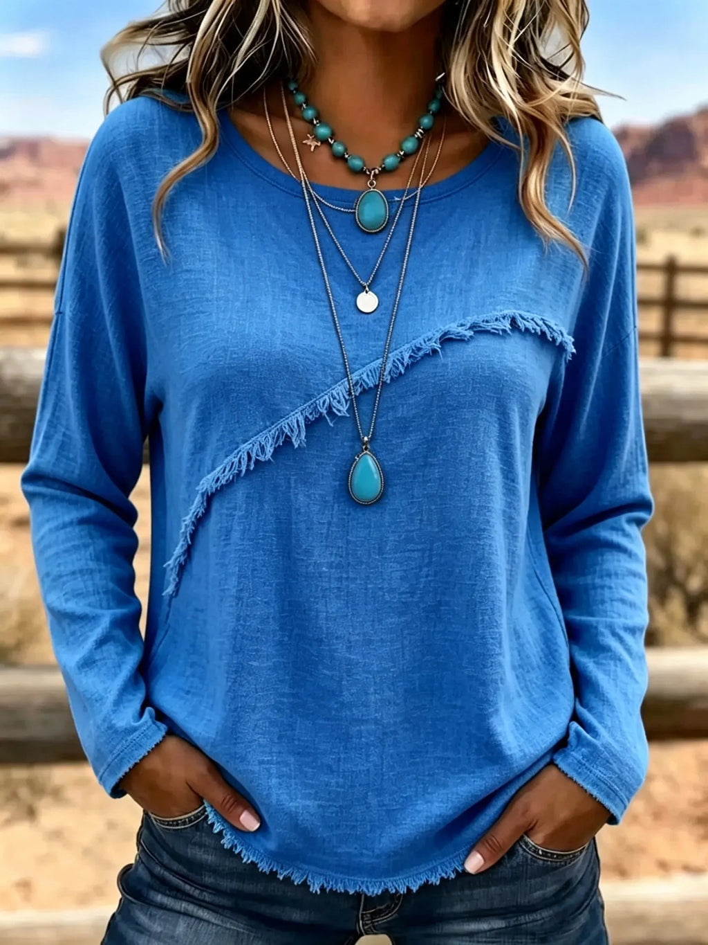 Blouse femme bohème à franges et col rond