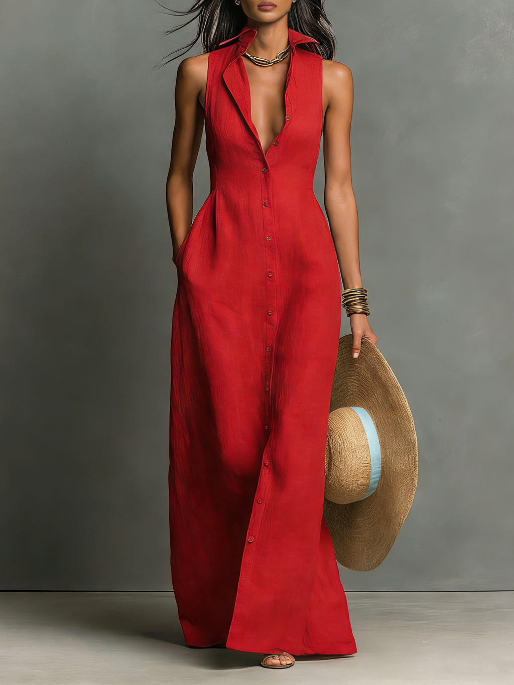 Robe chemise maxi sans col, sans manches et à boutonnière pour femmes