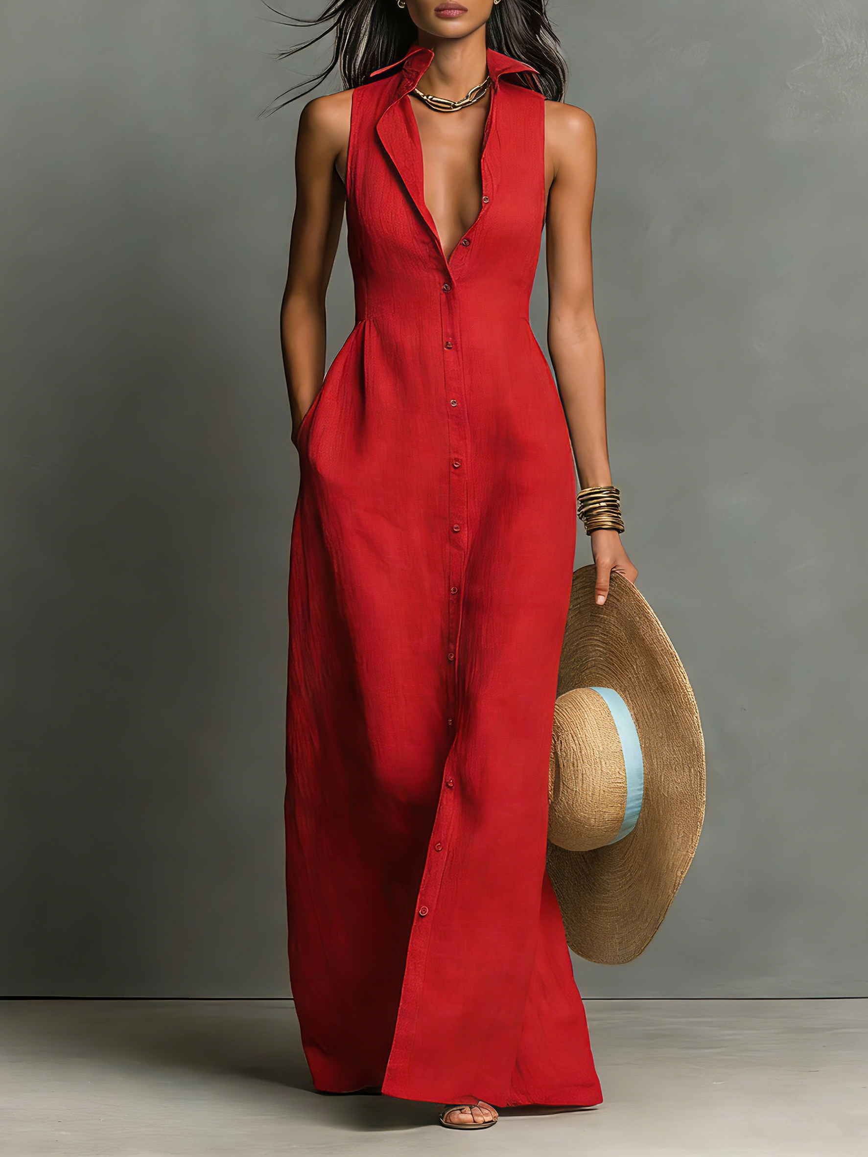 Robe chemise maxi sans col, sans manches et à boutonnière pour femmes
