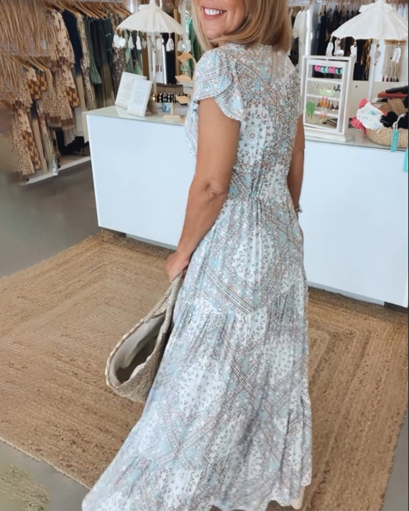 Robe à manches fendues en V imprimée pour les vacances