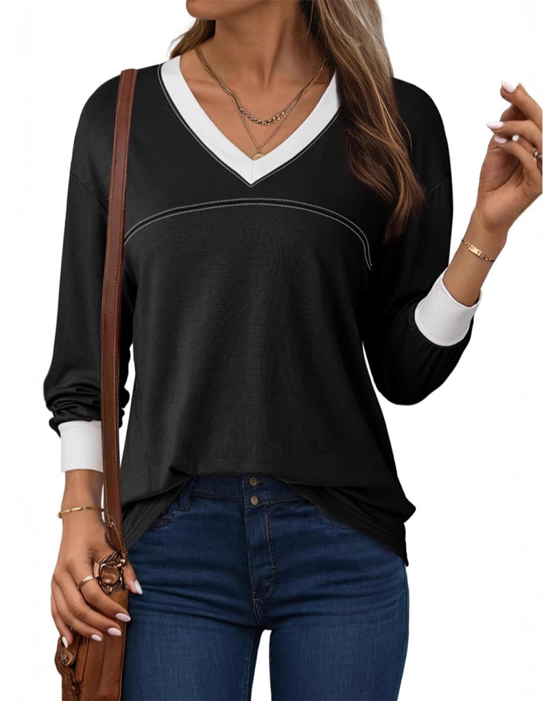 Blouse Contraste Col En V Décontractée