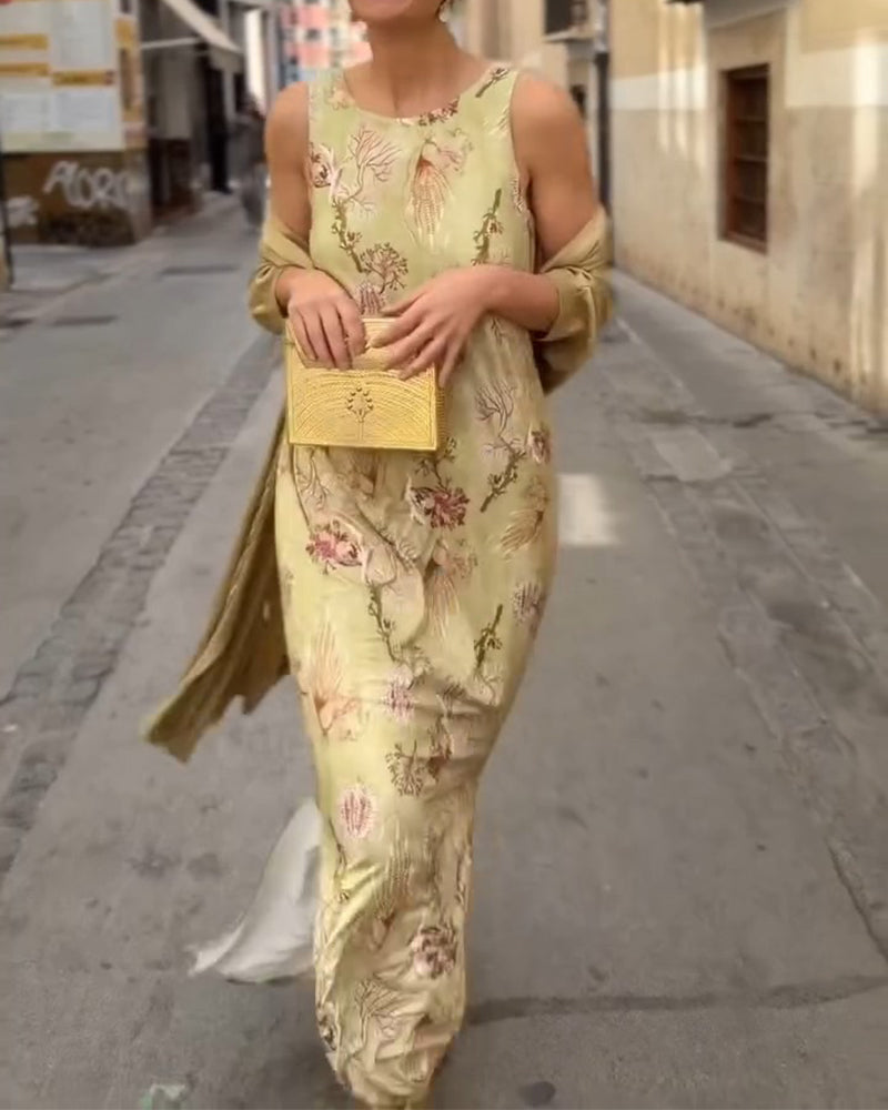 Robe Maxi Sans Manches + Ensemble Cardigan Assorti