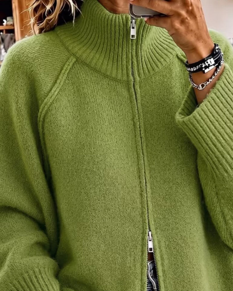 Cardigan uni à col montant et fermeture éclair