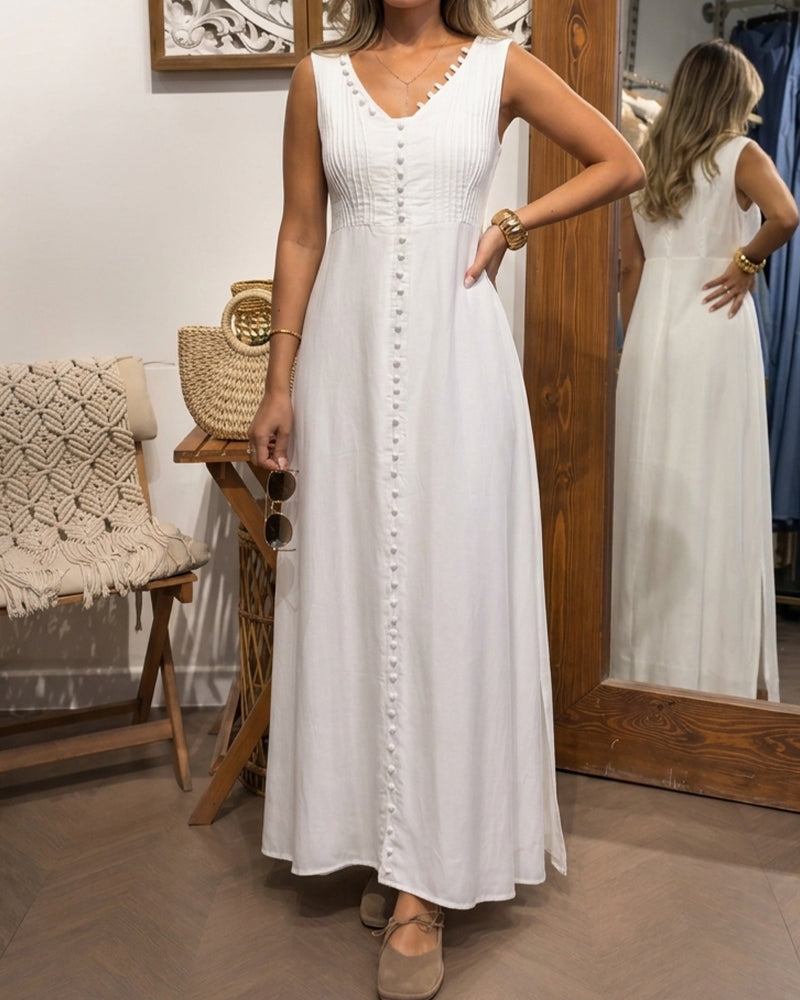 Robe Sans Manches Bouton Devant Blanc Maxi