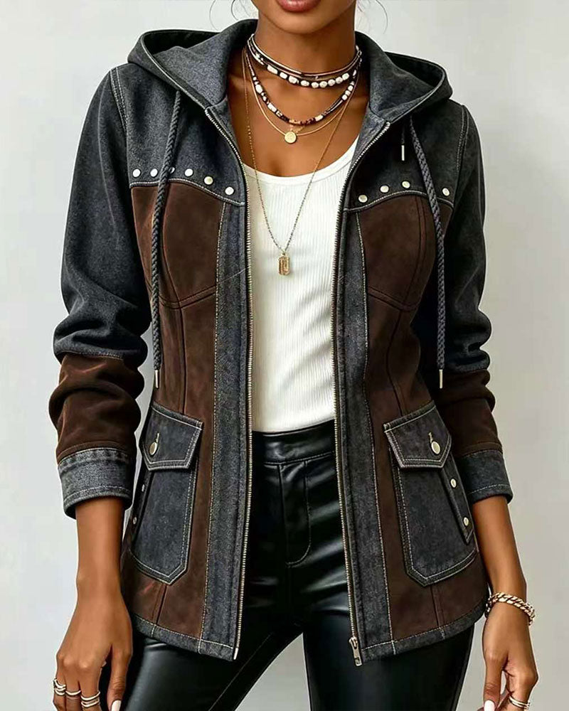 Manteau en Denim Patchwork avec Capuche et Zip