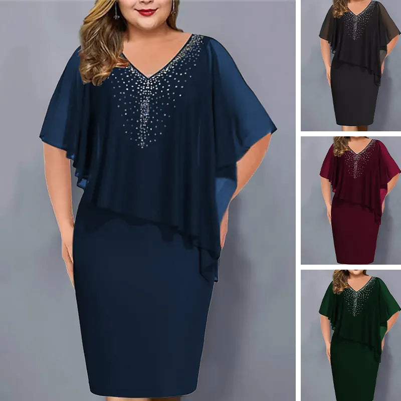 Robe cape femme avec strass et superposition en mousseline