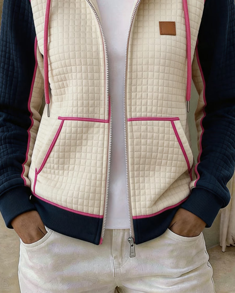 Manteau Blocs De Couleurs Gaufré À Capuche Fermeture Éclair