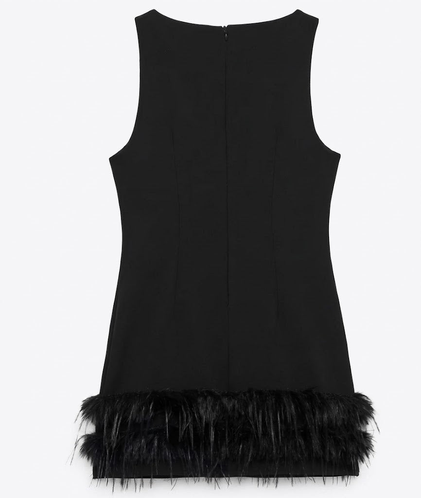 Alaina | Robe Mini Sans Manches à Col Montant et Ourlet en Plumes