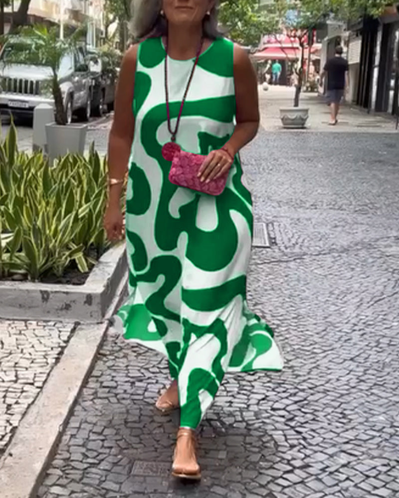 Robe sans manches à imprimé géométrique col rond