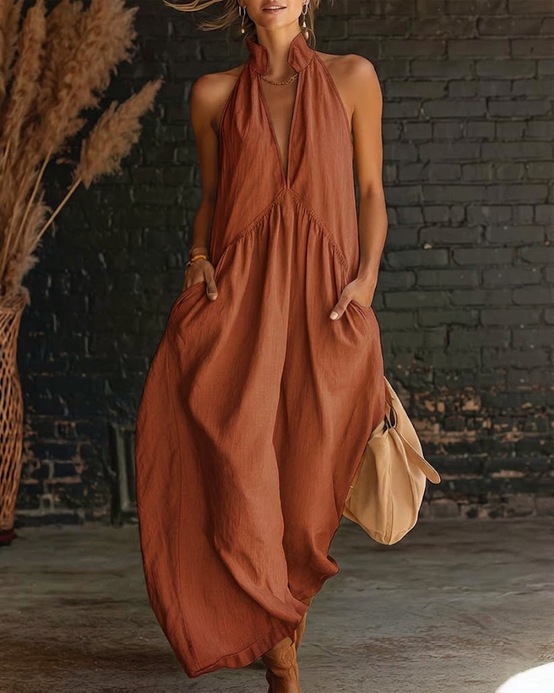 Robe Maxi Sans Manches en Coton 100% à Col Montant de Couleur Unie