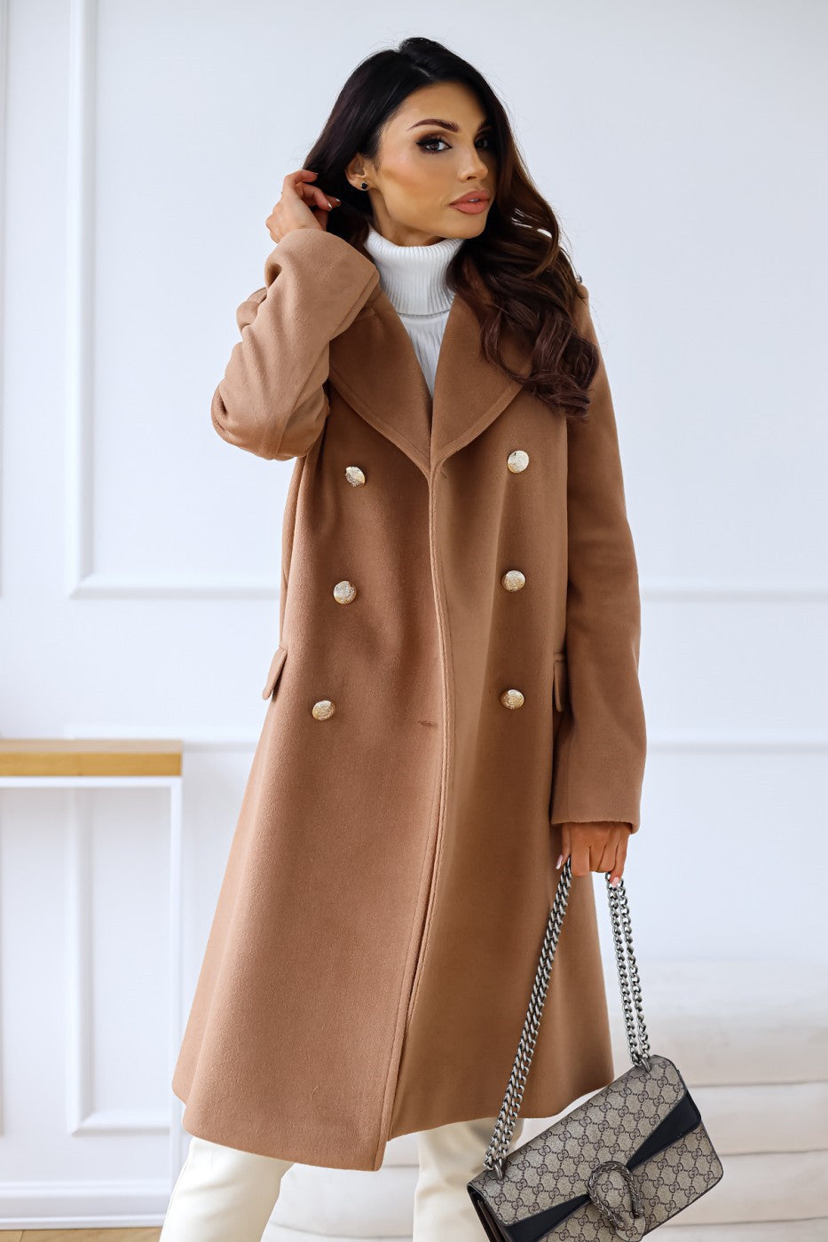 Manteau Femme à Double Boutonnage avec Boutons Dorés