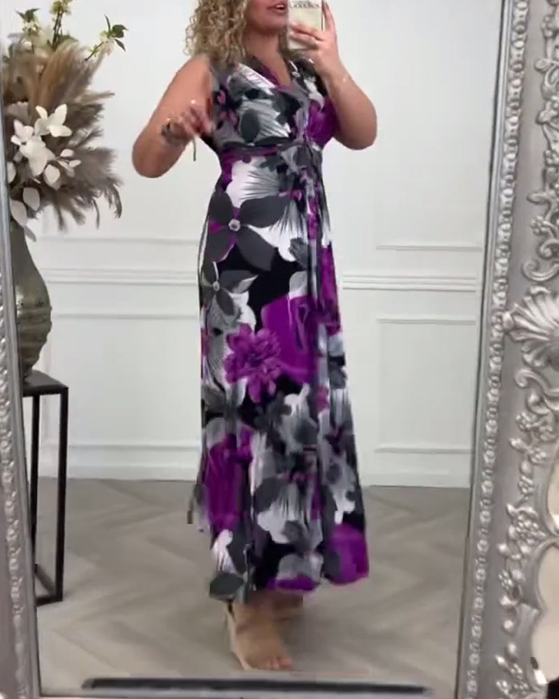 Viola | Robe Maxi Florale Femme Sans Manches avec Nœud à l'Avant et Décolleté en V