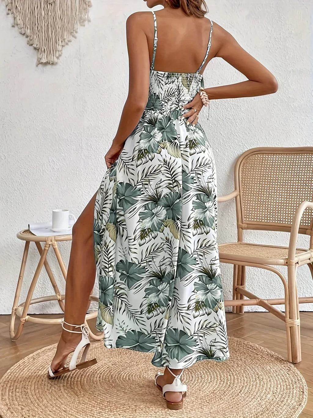 Robe Longue À Fines Bretelles Avec Imprimé Floral Et Fente Latérale Pour Femmes | Idéal Pour Été Et Vacances