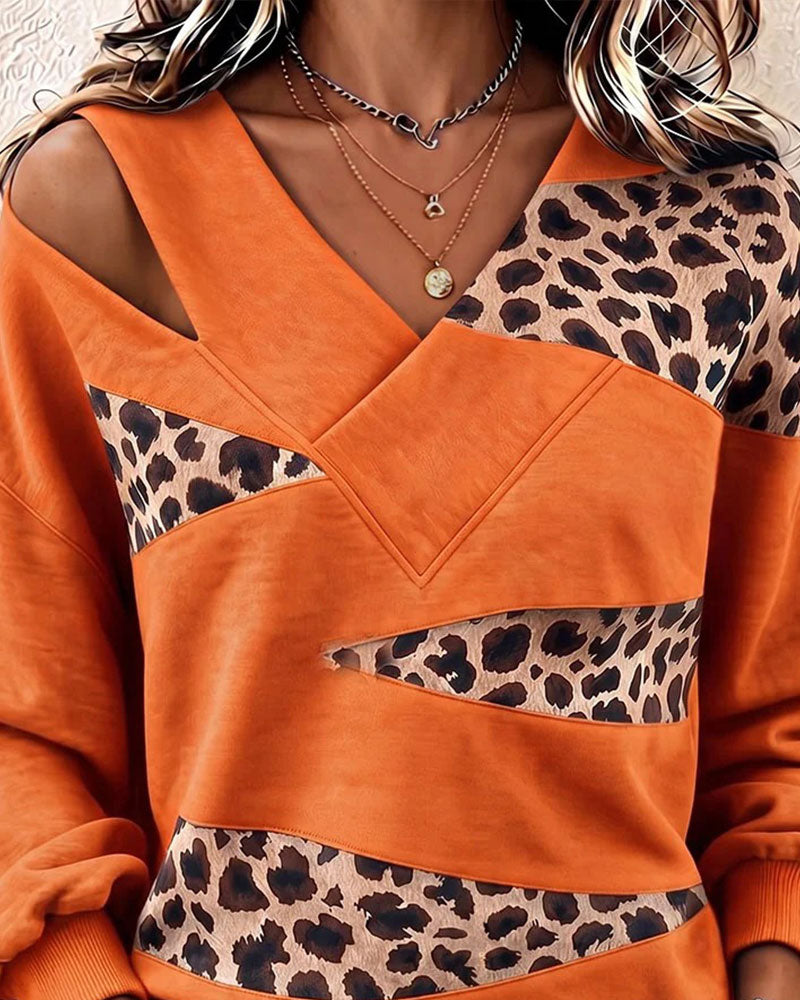 Sweatshirt Léopard Patchwork Col V Pull