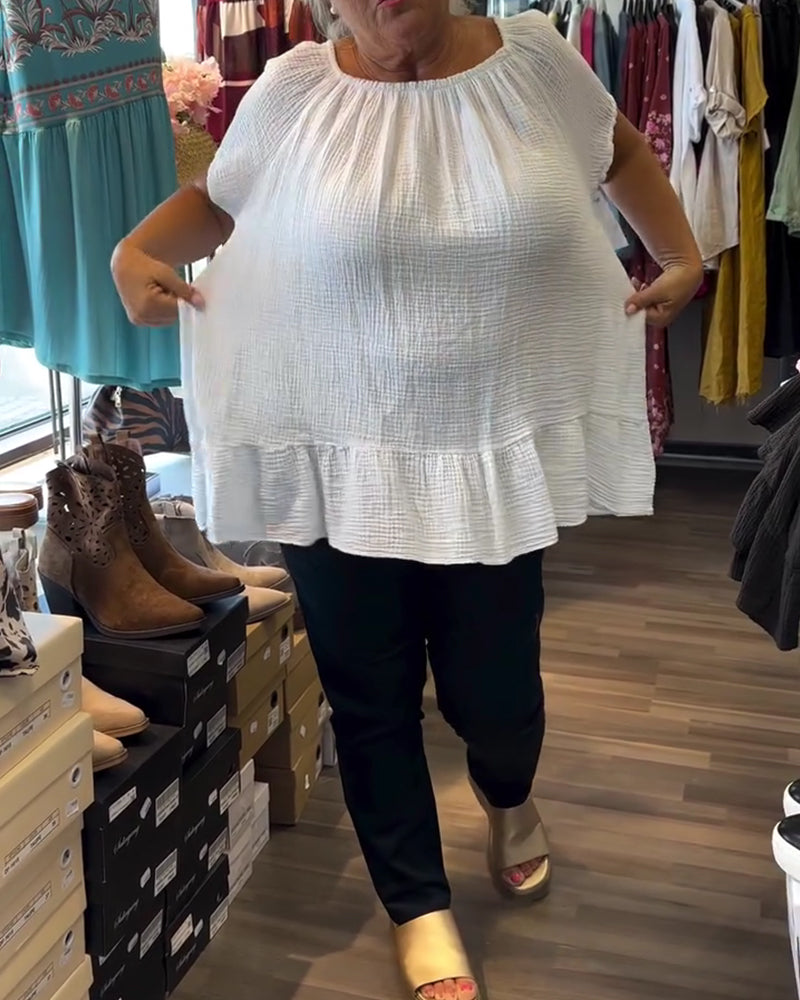 Blouse Col Rond Froncée Décontractée Unie