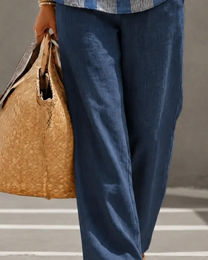 Ensemble Couleur-Contraste Rayé Boutonnage Irrégulier Pantalon Large-Jambe