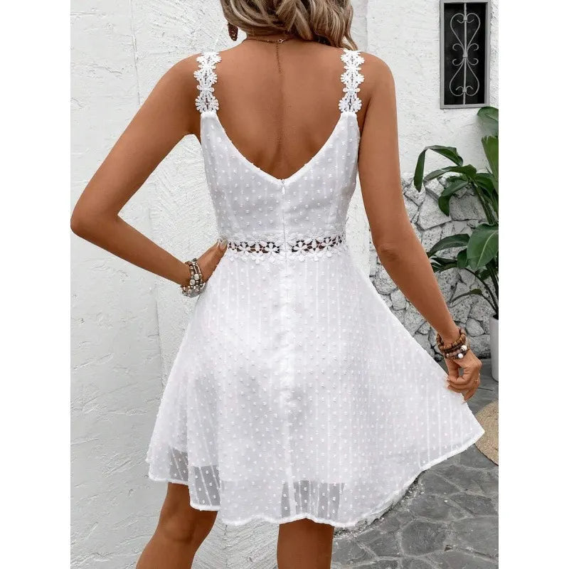 Robe mini femme à bretelles dentelle et pois plumetis
