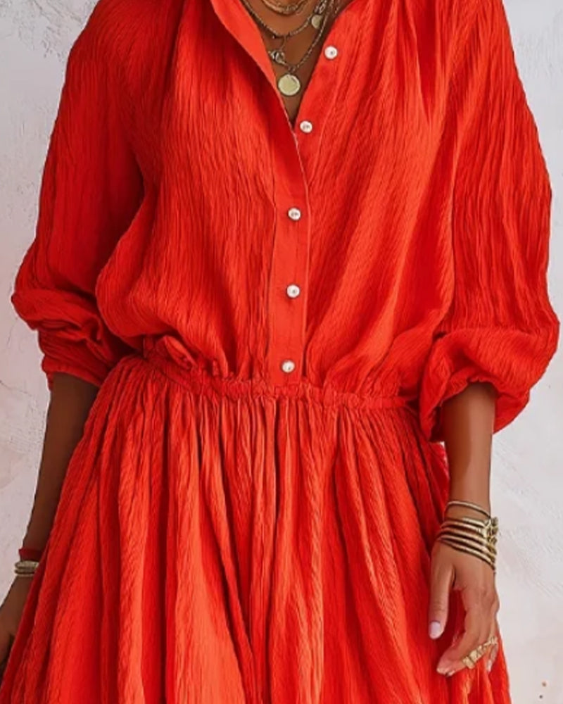 Robe Revers Taille Cintrée Chemise Évasée Longue