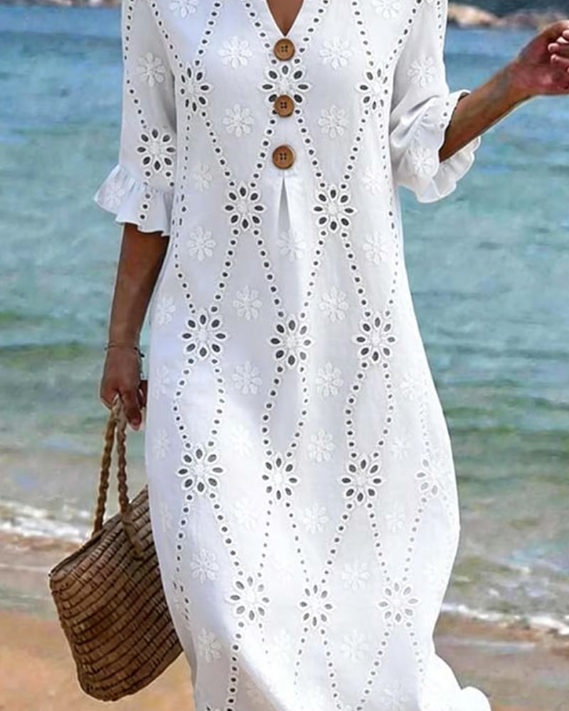 Robe Petit Col En V Évidé Bouton Volant