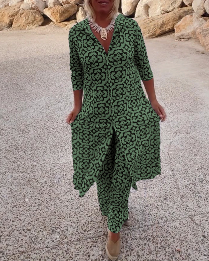 Mosa | Ensemble imprimé pour femmes, chemise longue et pantalon droit