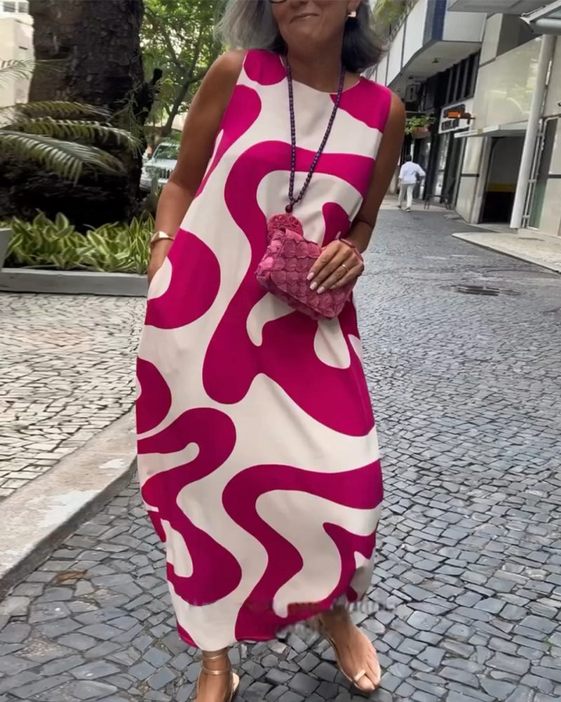 Robe sans manches à imprimé géométrique col rond