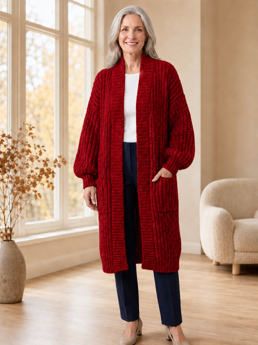 Fenie | Cardigan long pour femmes en tricot épais avec poches