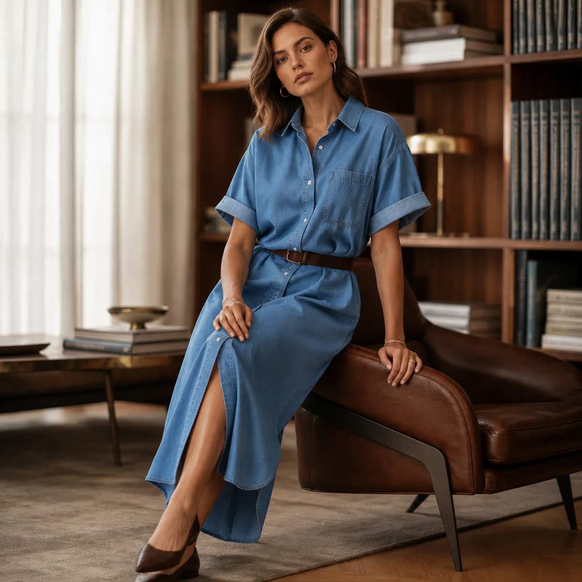 Elonii | Robe chemise en jean intemporelle avec boutonnière intégrale