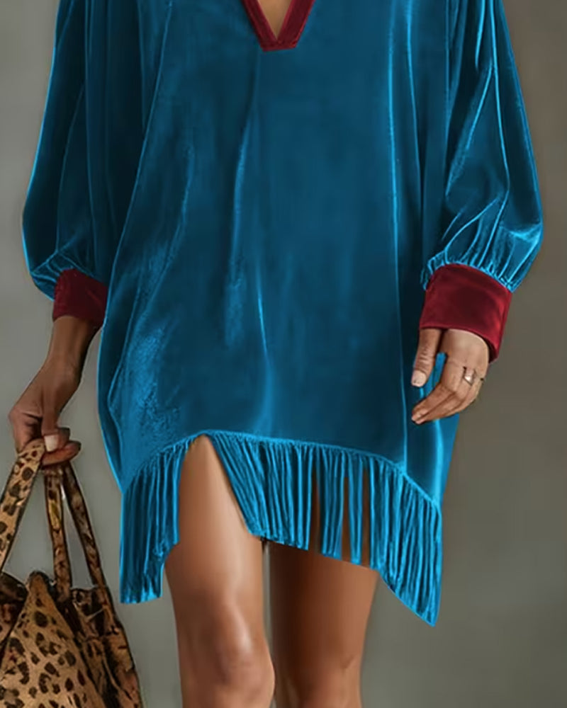 Robe Col V Revers Contraste Frange