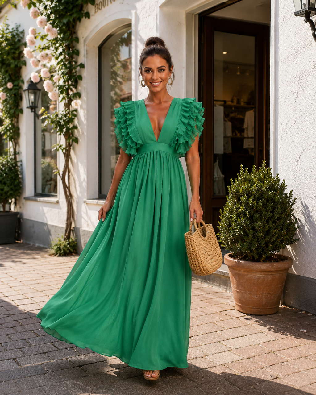 Angelina | Robe maxi dos nu avec manches volantées