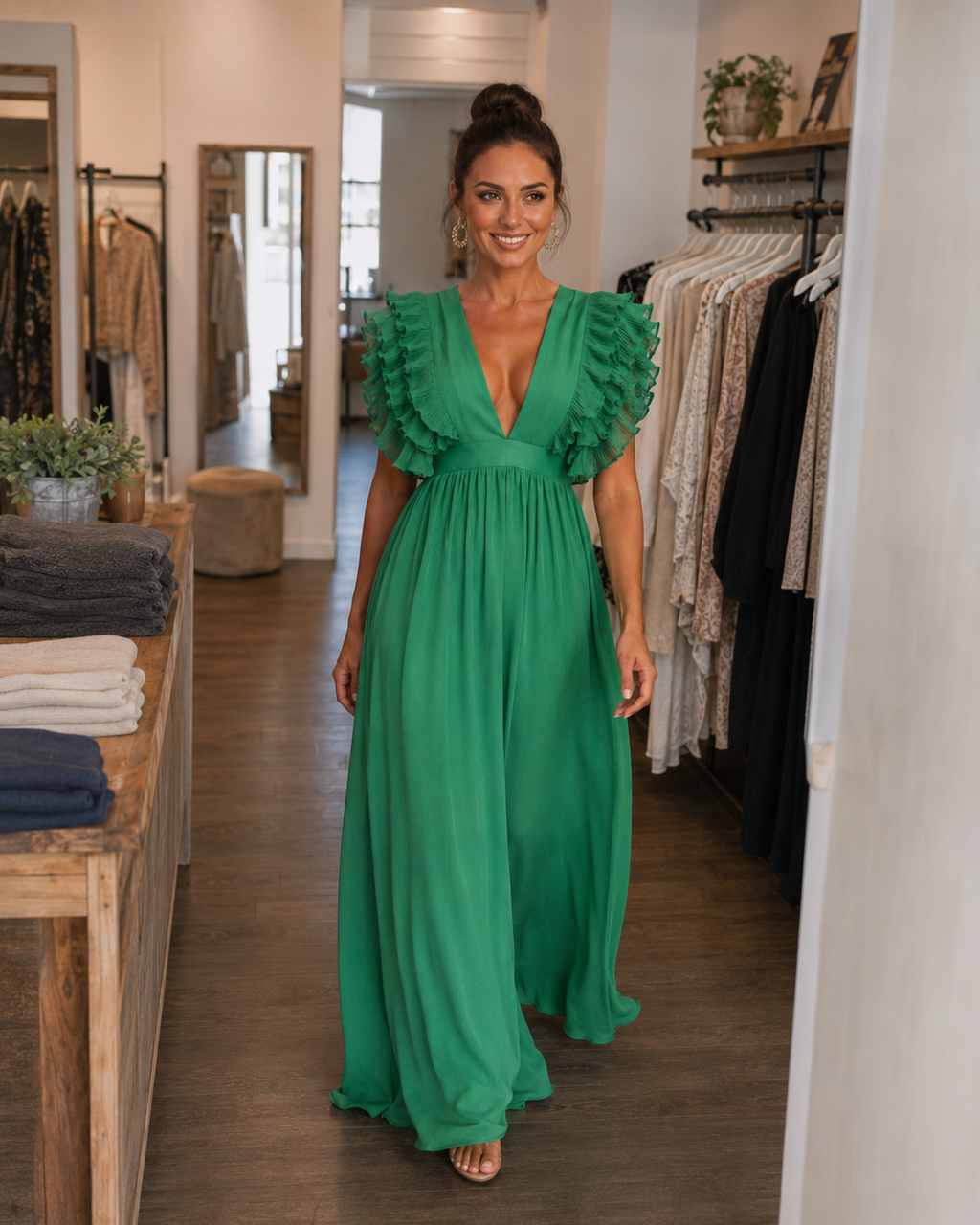 Angelina | Robe maxi dos nu avec manches volantées