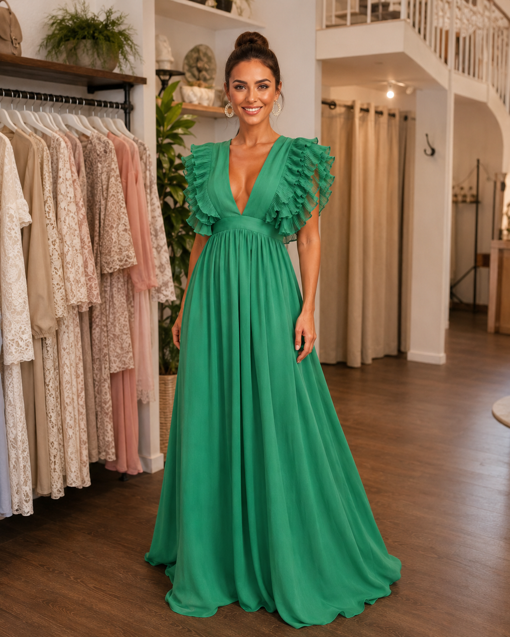 Angelina | Robe maxi dos nu avec manches volantées