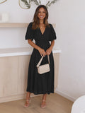 Robe Cocktail Midi Femme | Col V Froncé