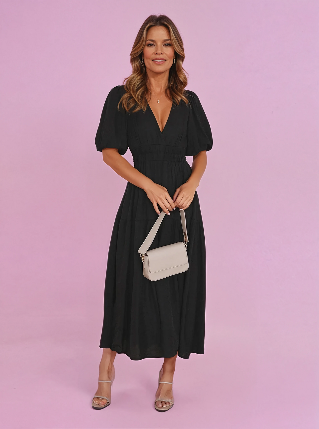 Robe Cocktail Midi Femme | Col V Froncé
