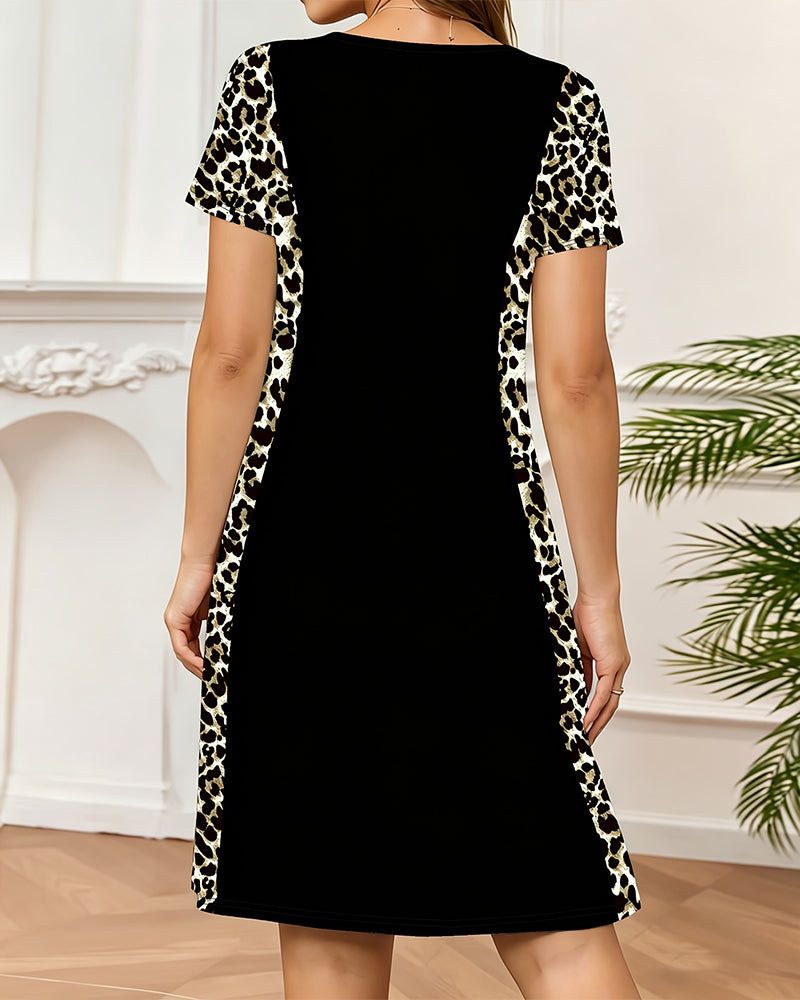 Robe Col Rond Léopard Bloc De Couleur