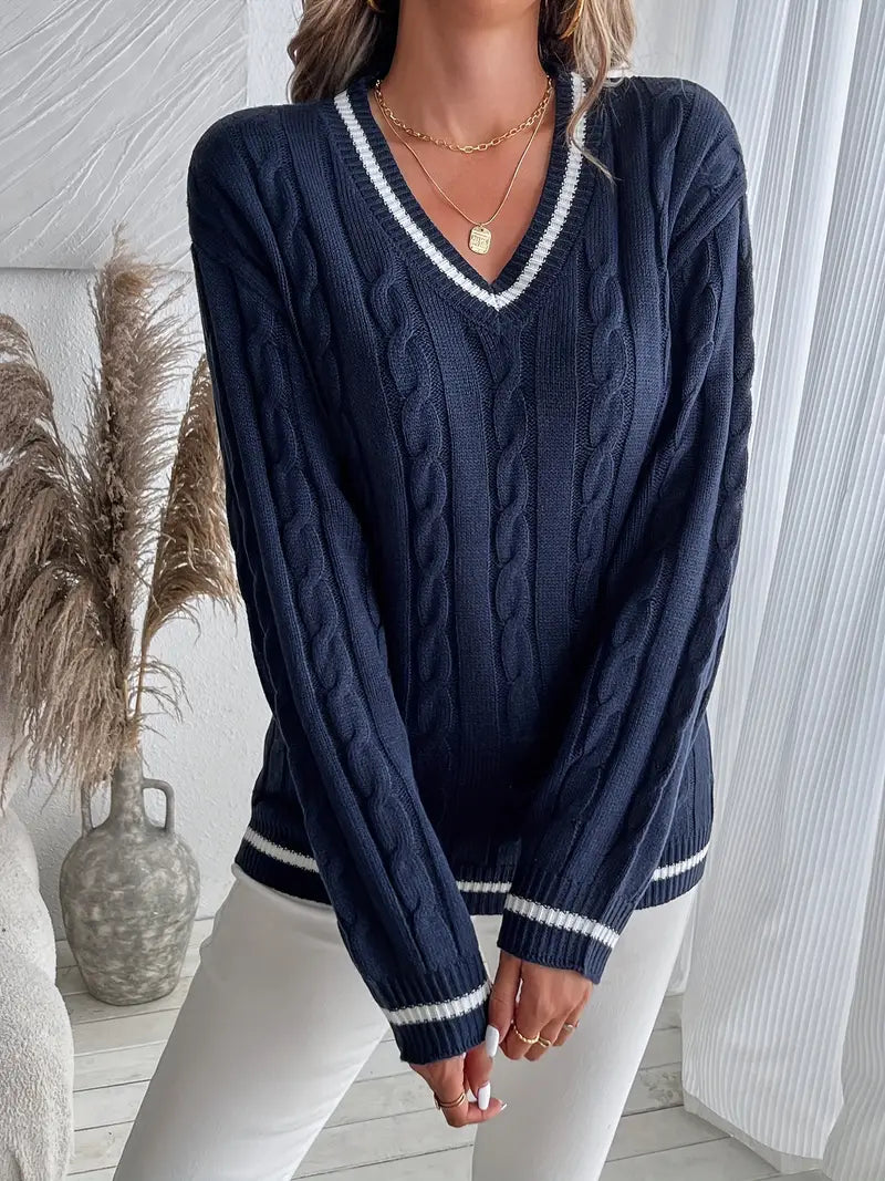 Pull Femme – Bordure Rayée et Coupe Détendue au Charme Intemporel