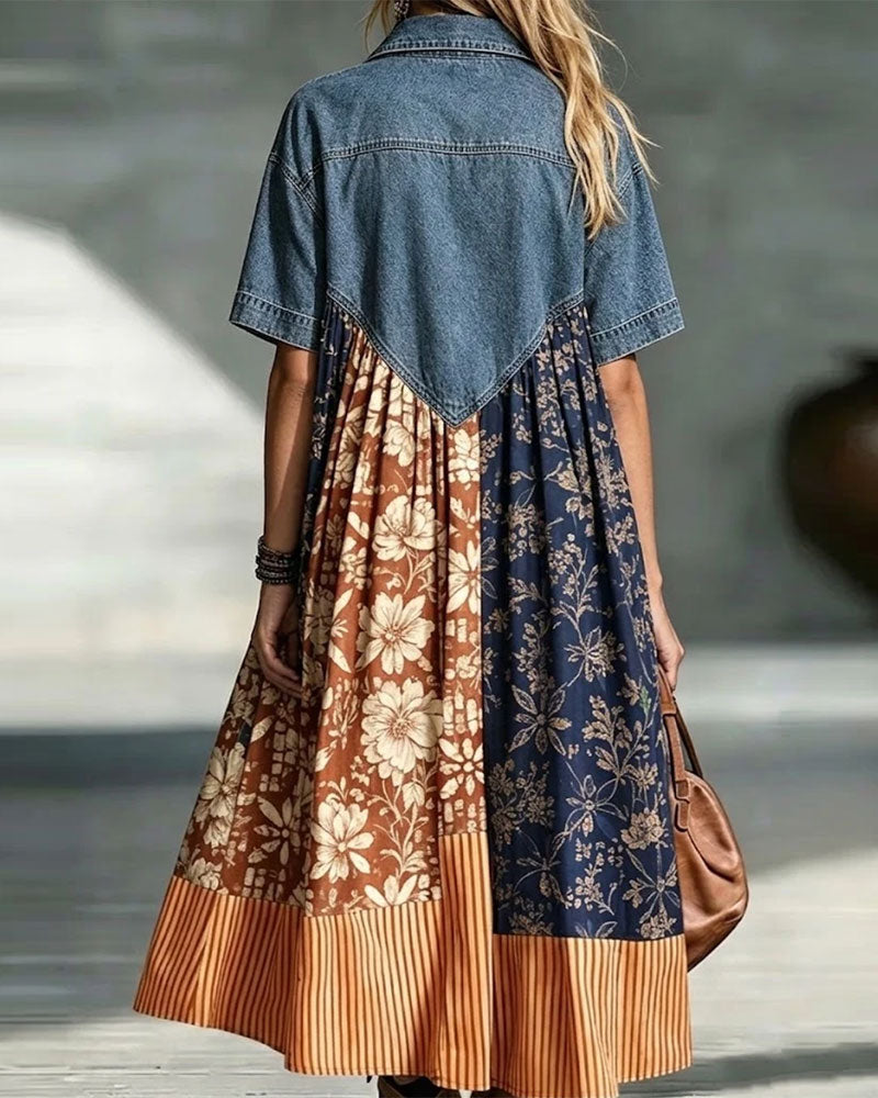 Robe Col Chemise Floral Contraste Denim Patchwork