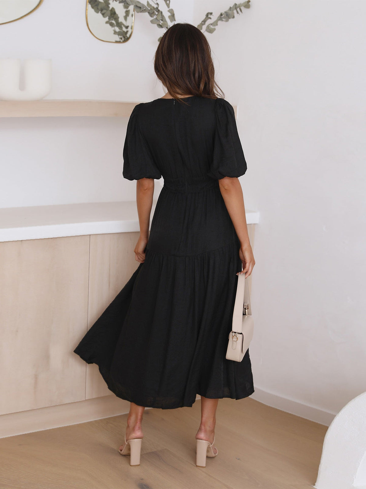 Robe Cocktail Midi Femme | Col V Froncé