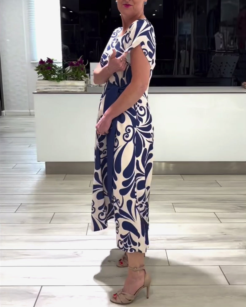 Robe élégante à imprimé contrasté à manches courtes