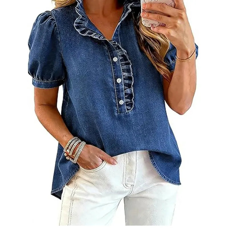 Haut femme en denim avec col volanté et manches bouffantes