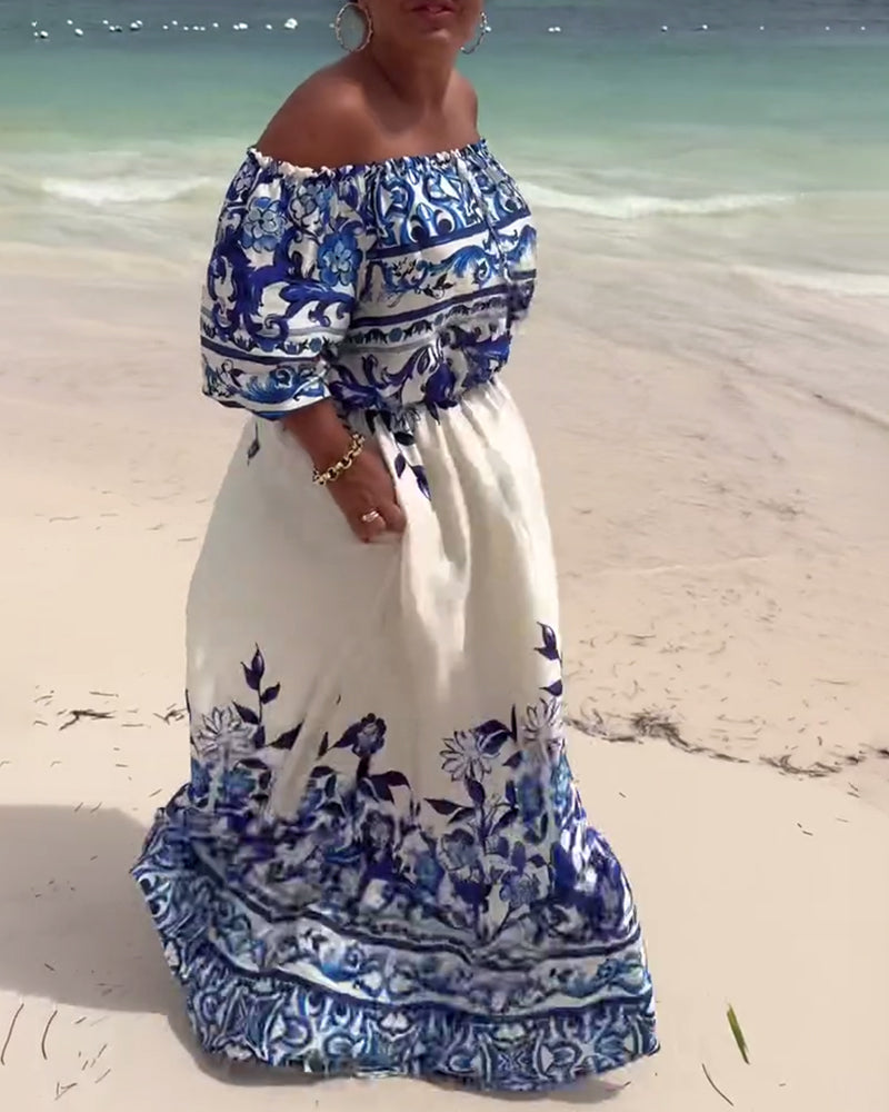 Robe de Resort Imprimée à Épaules Dénudées