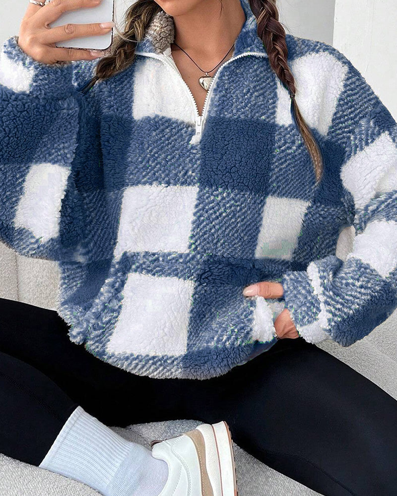 Sweat-Shirt Demi-Zip Col Montant À Carreaux