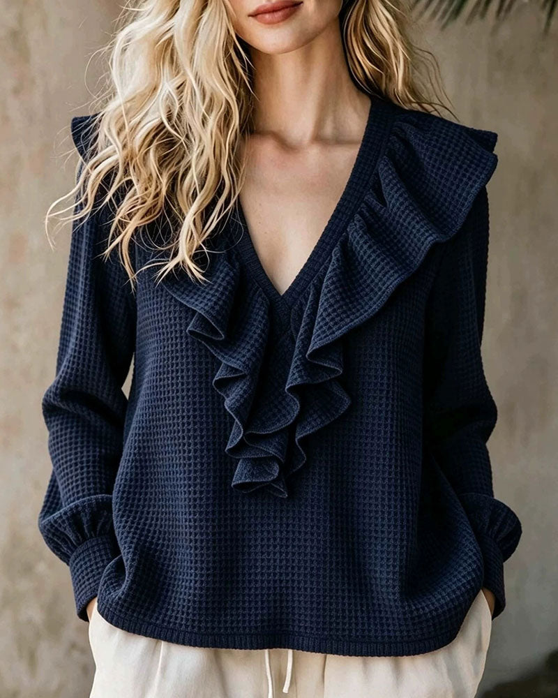 Blouse à volants en maille gaufrée à col en V