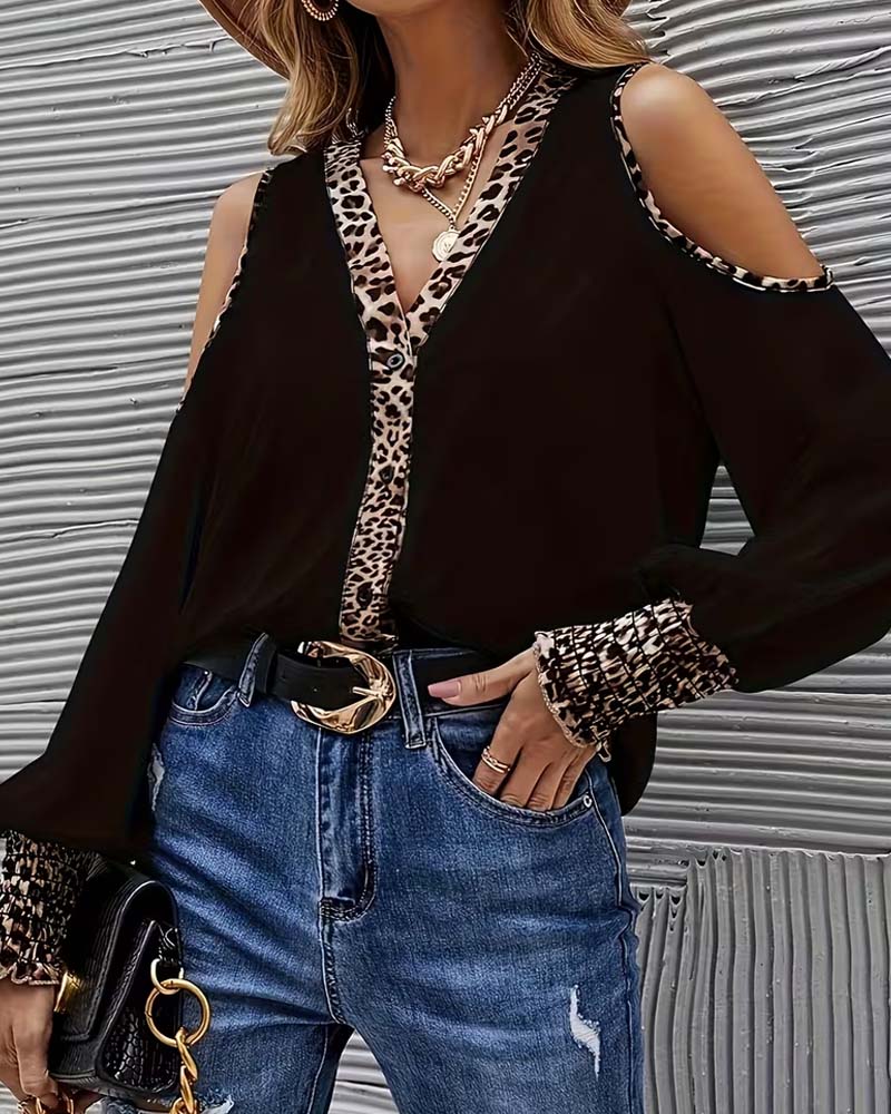 Blouse Hors Épaule Léopard Patchwork Manches Longues