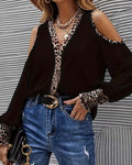 Blouse Hors Épaule Léopard Patchwork Manches Longues