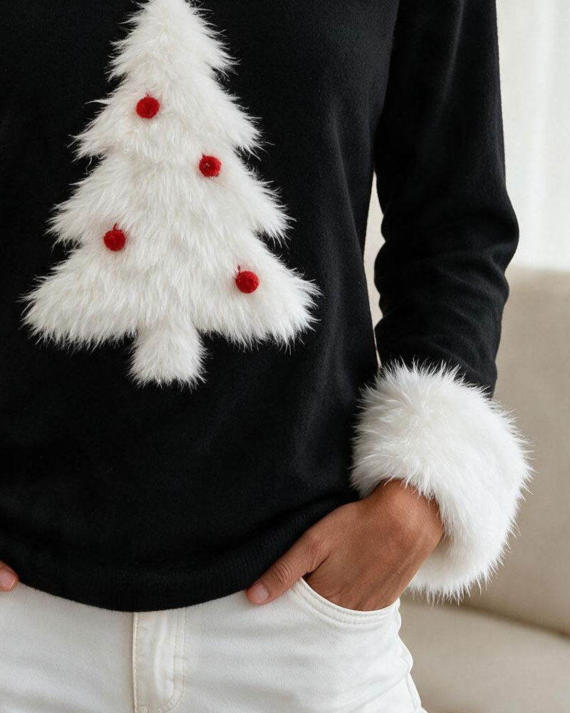 Haut Color-Block avec Motif Arbre de Noël Col Rond